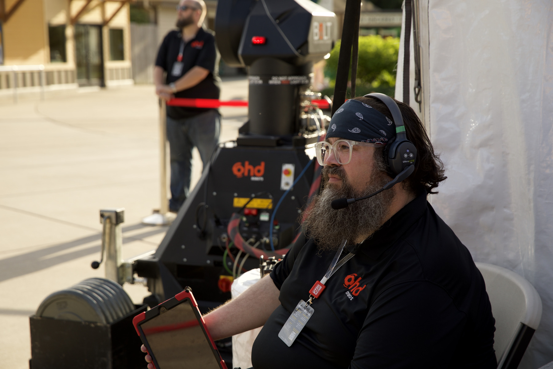 Max Groah wearing a headset beside the Bolt camera system